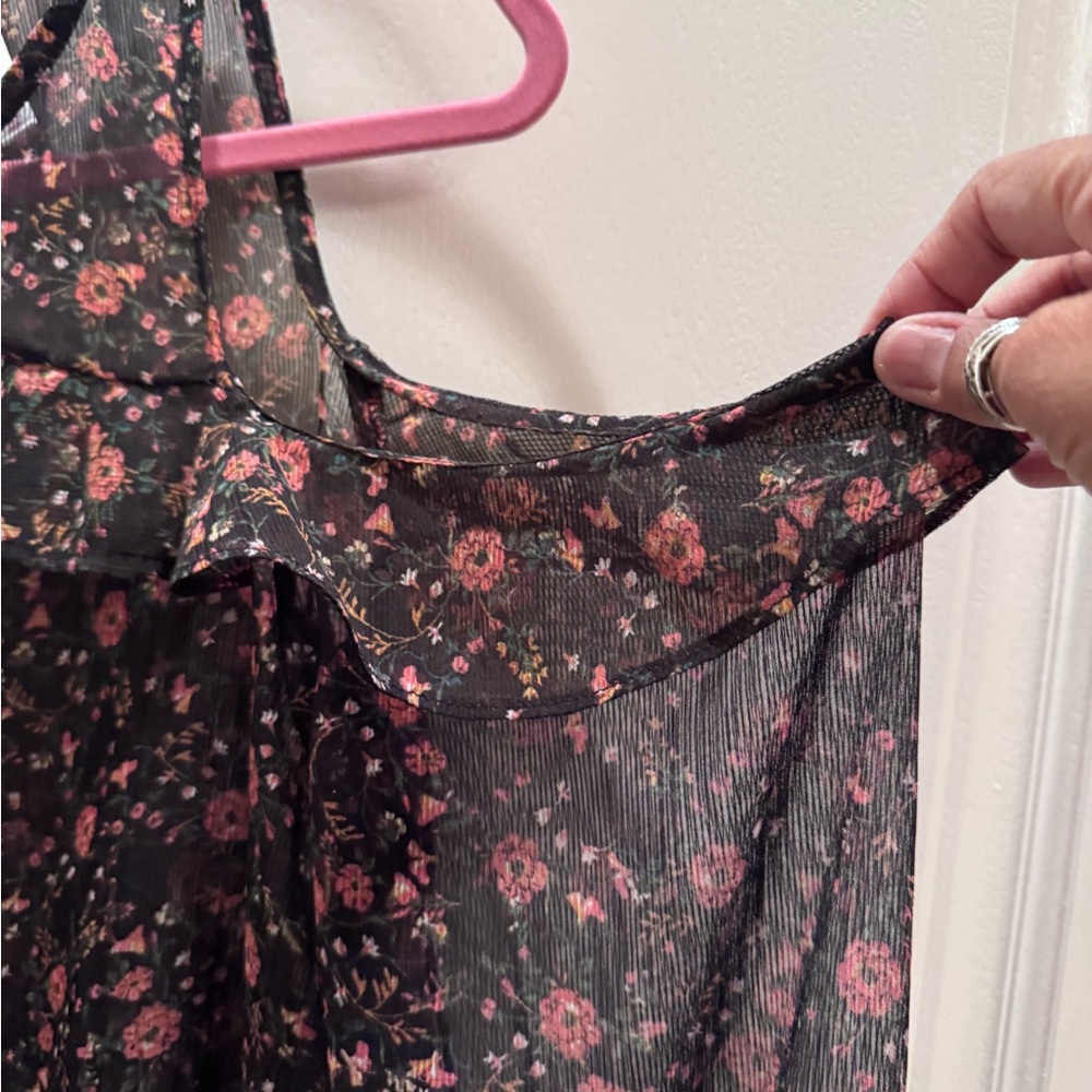 Black Sheer Floral Ruffle Camisole with Pink Flowers - Picture 2 of 4